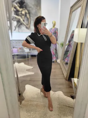 CLEARANCE - BLACK MIDI DRESS WITH SIDE CUT OUT