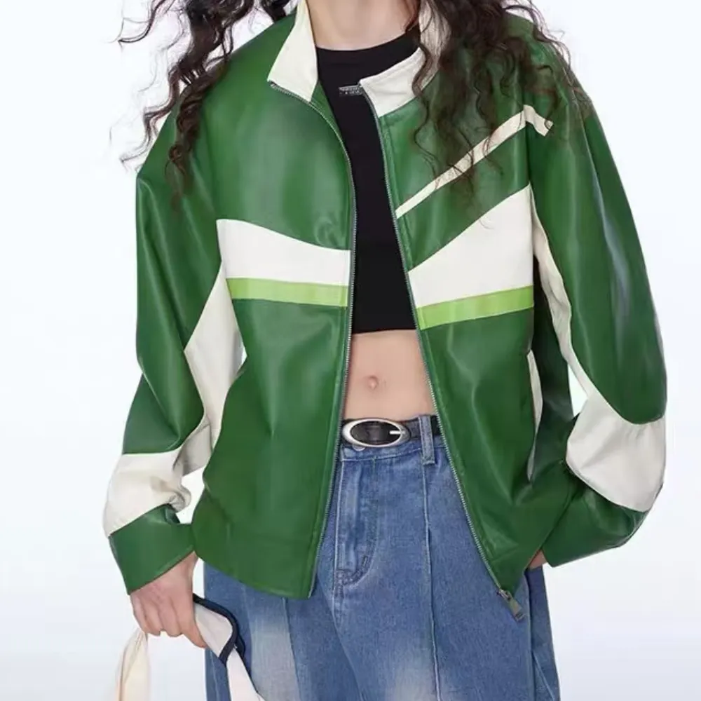 colorblocked leather jacket