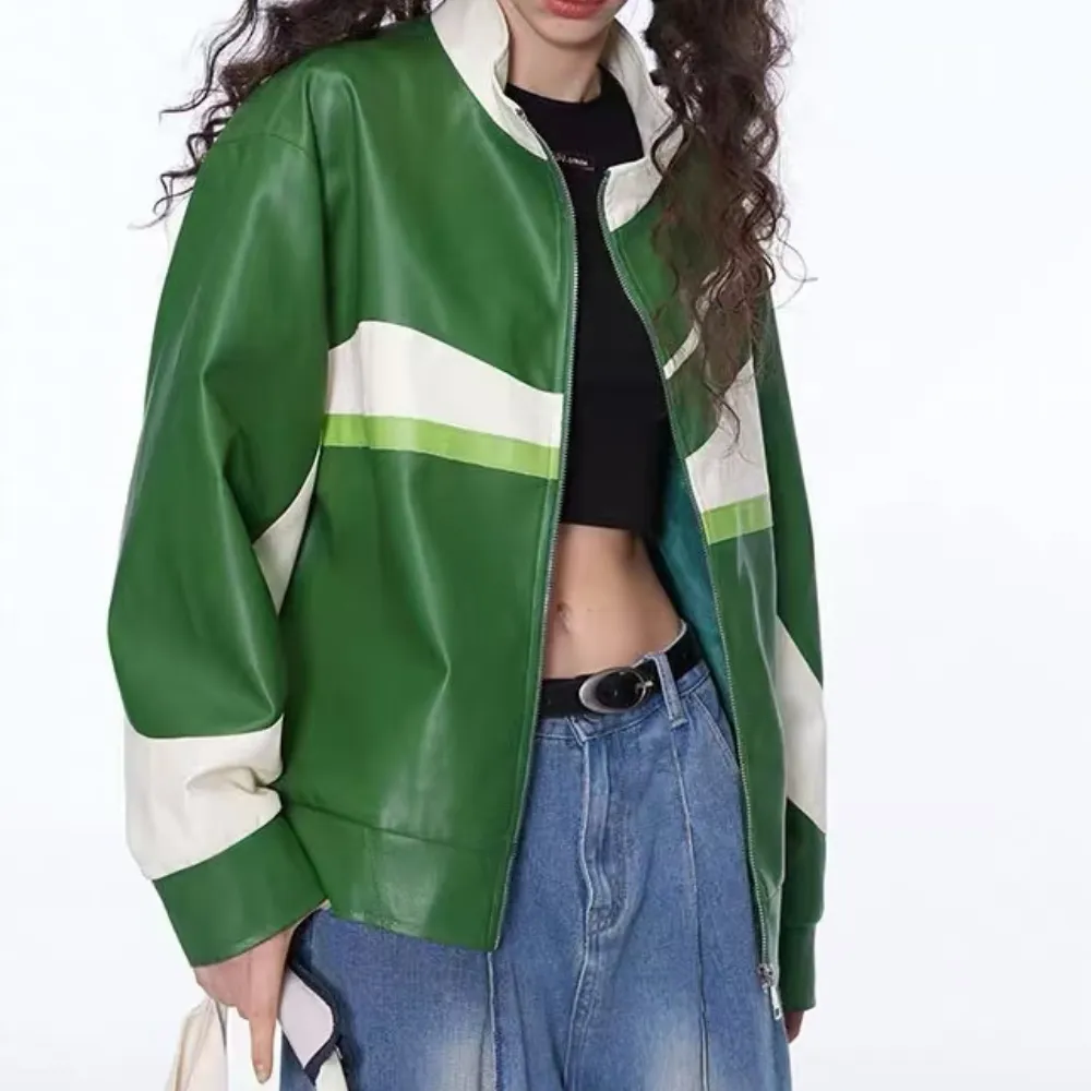 colorblocked leather jacket