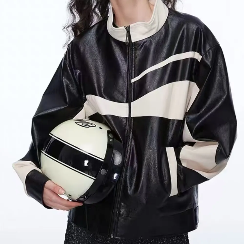 colorblocked leather jacket
