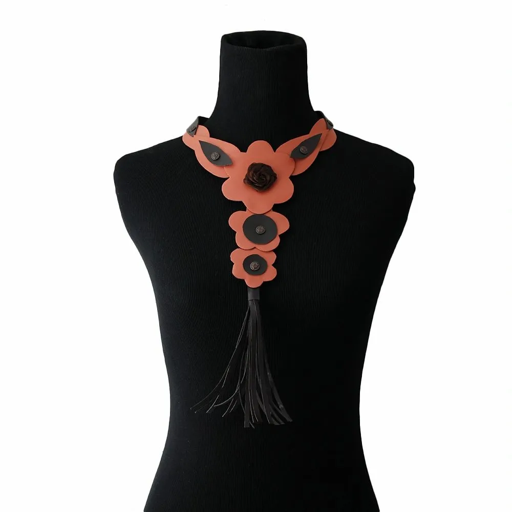 Coral Leather Rose and Tassel Choker Necklace set