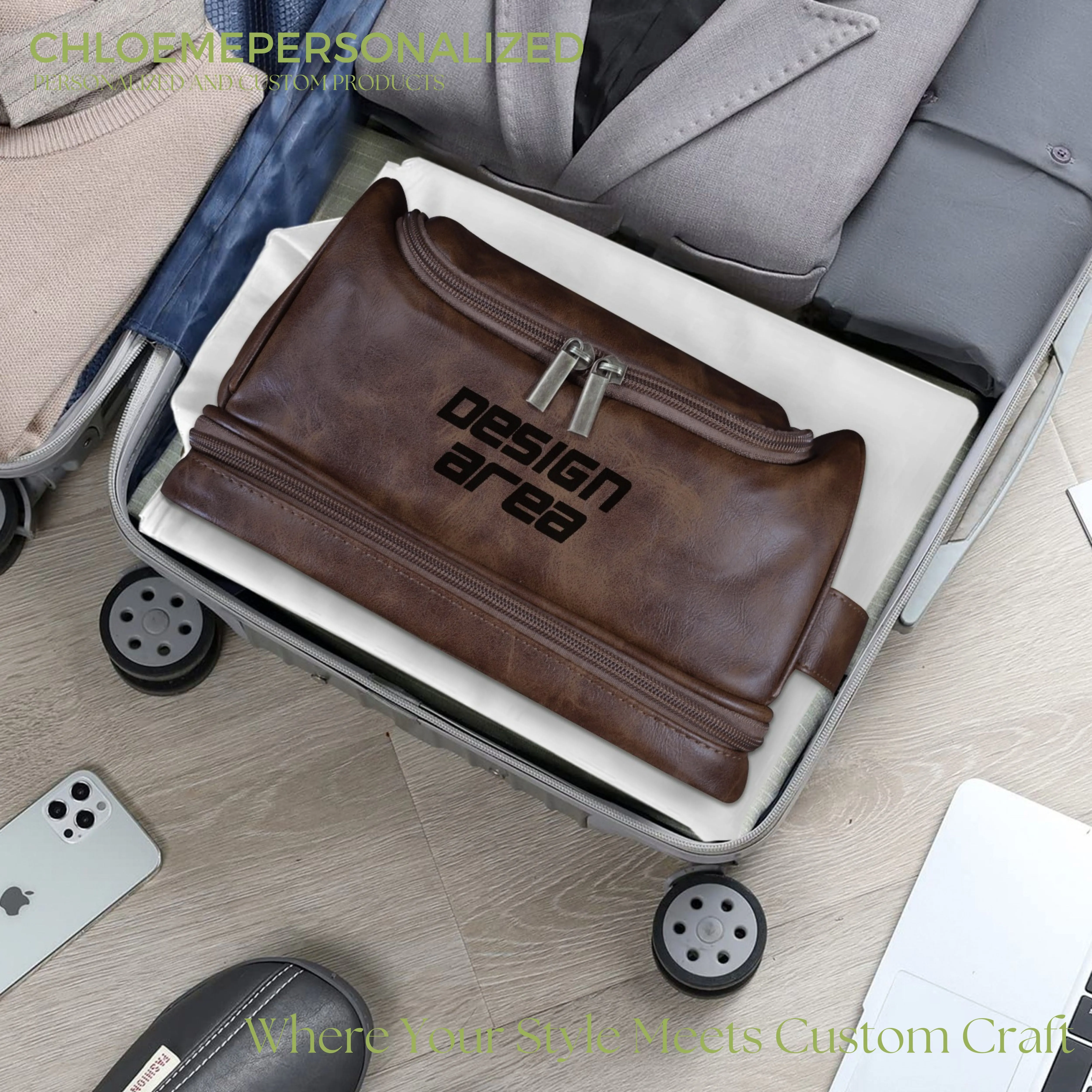 Dark Brown PU Toiletry Bag (Front Engraving)