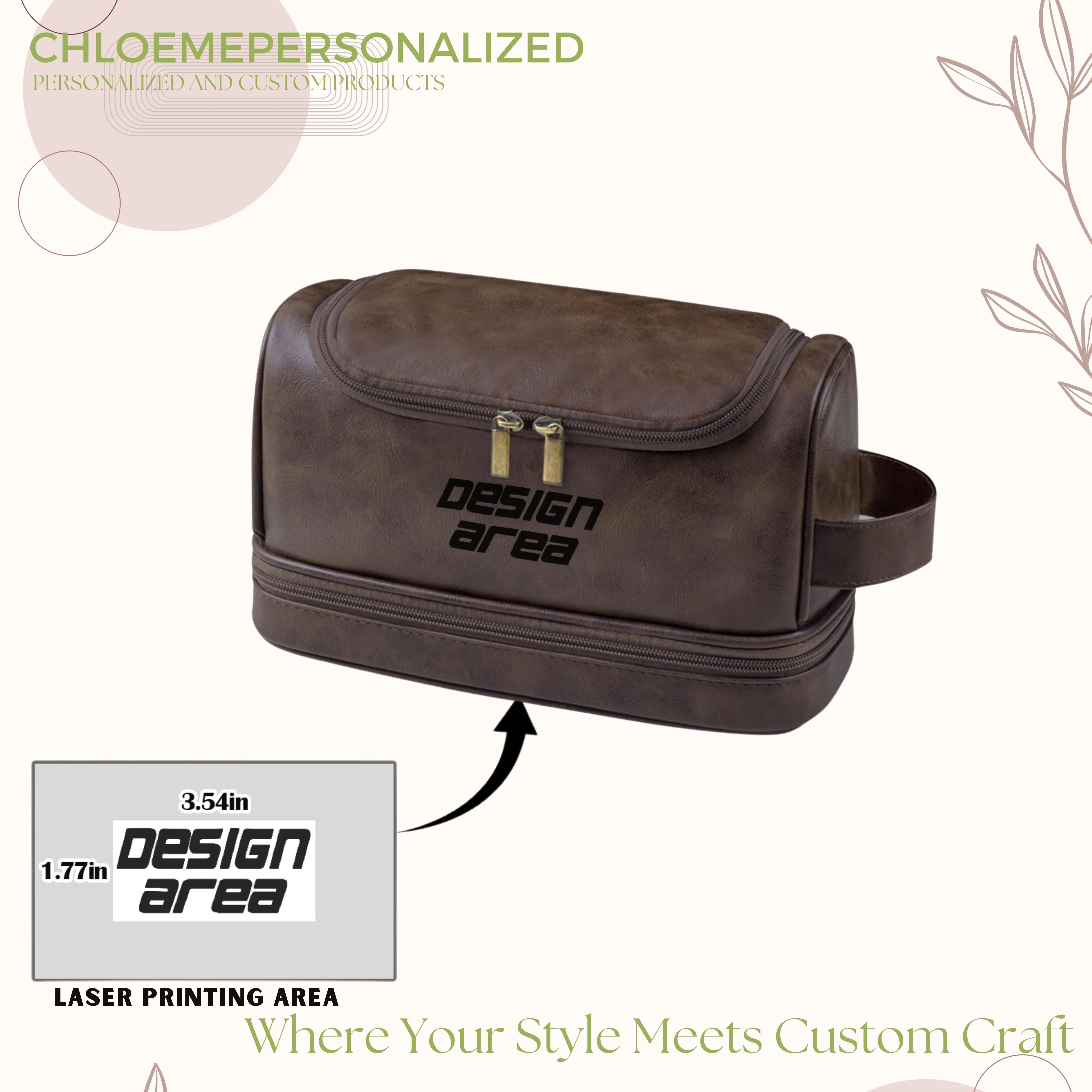 Dark Brown PU Toiletry Bag (Front Engraving)