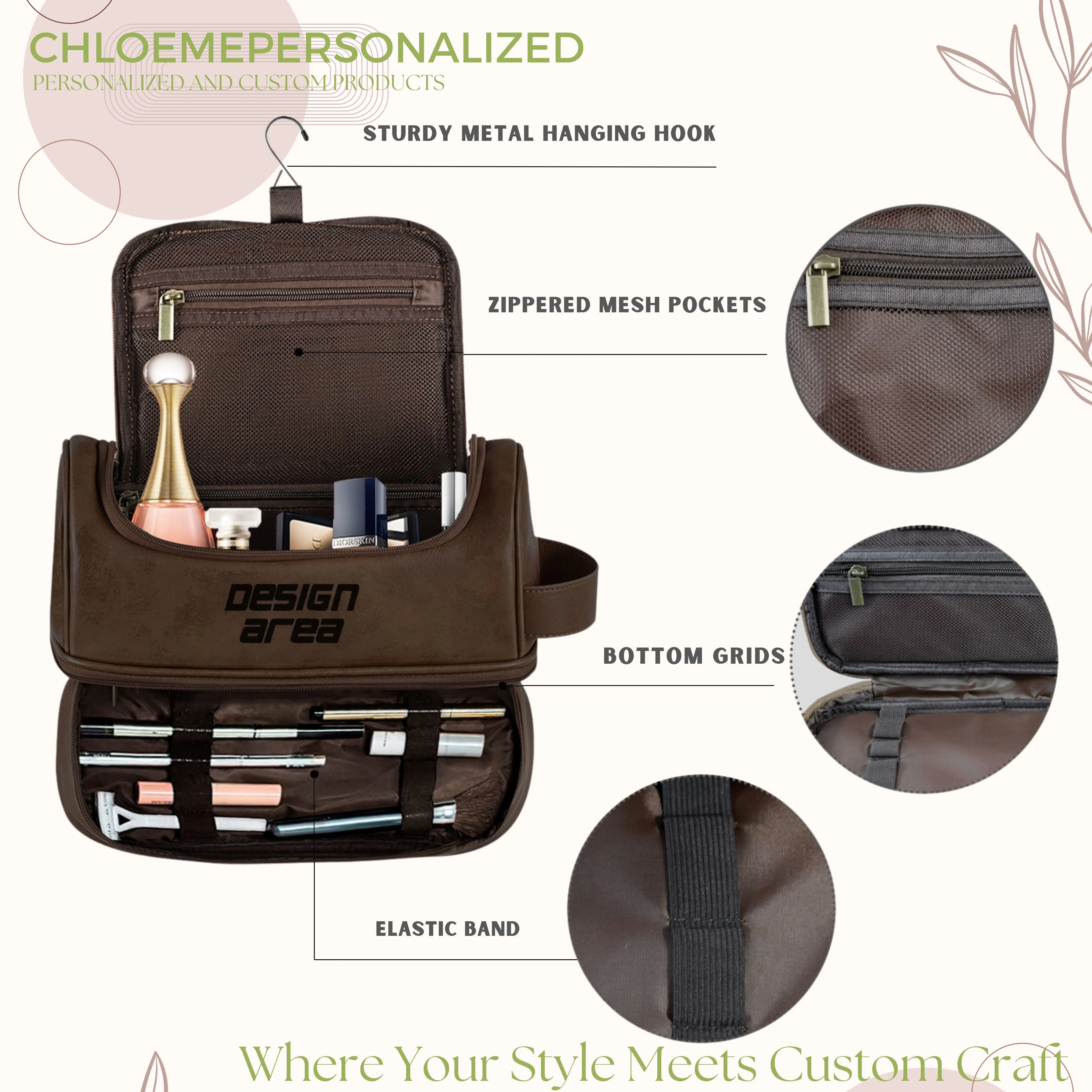 Dark Brown PU Toiletry Bag (Front Engraving)