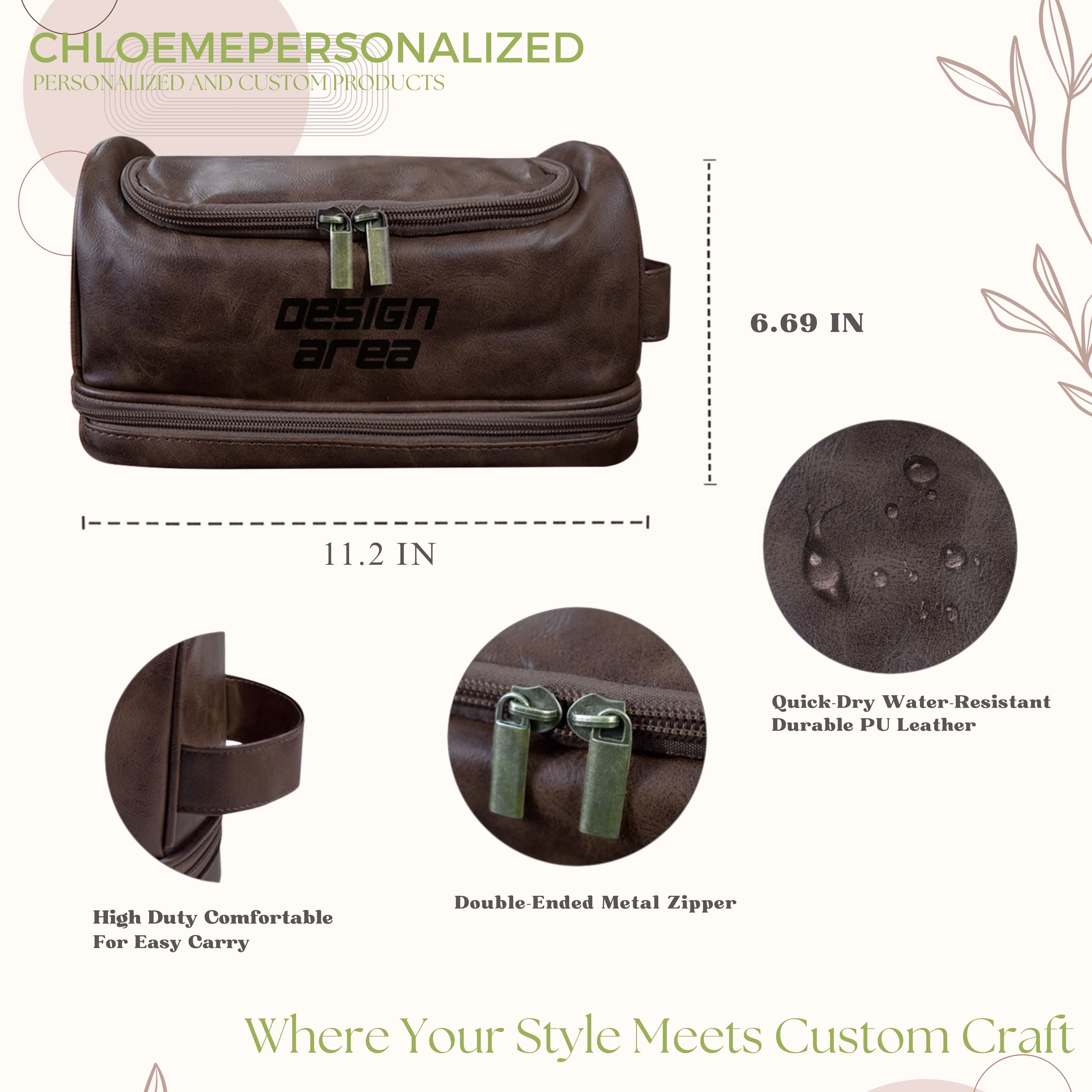 Dark Brown PU Toiletry Bag (Front Engraving)