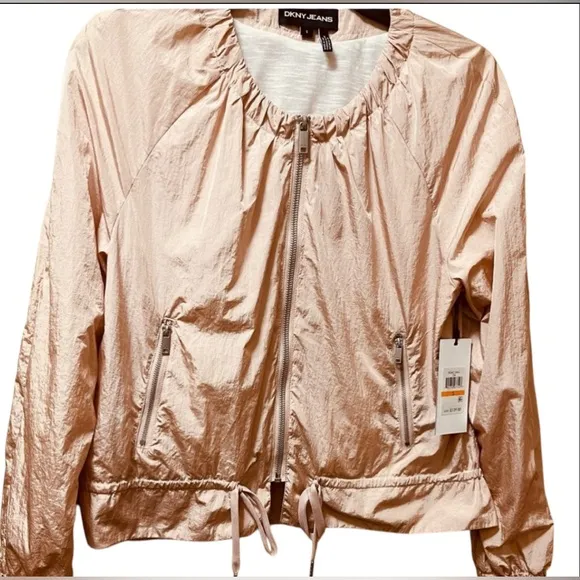 DKNY JEANS BOMBER ZIP-UP JACKET WOMEN ROUND NECK DRAWSTRING PINK COLOR SIZE S