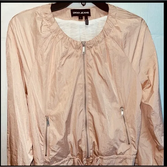 DKNY JEANS BOMBER ZIP-UP JACKET WOMEN ROUND NECK DRAWSTRING PINK COLOR SIZE S