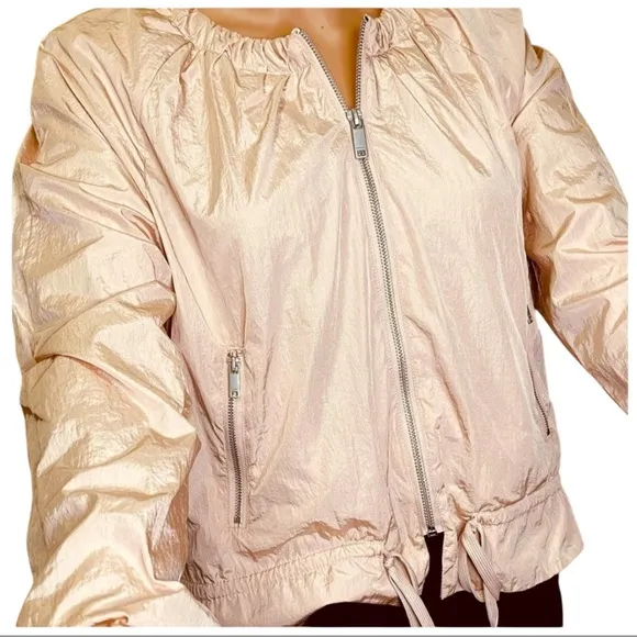 DKNY JEANS BOMBER ZIP-UP JACKET WOMEN ROUND NECK DRAWSTRING PINK COLOR SIZE S