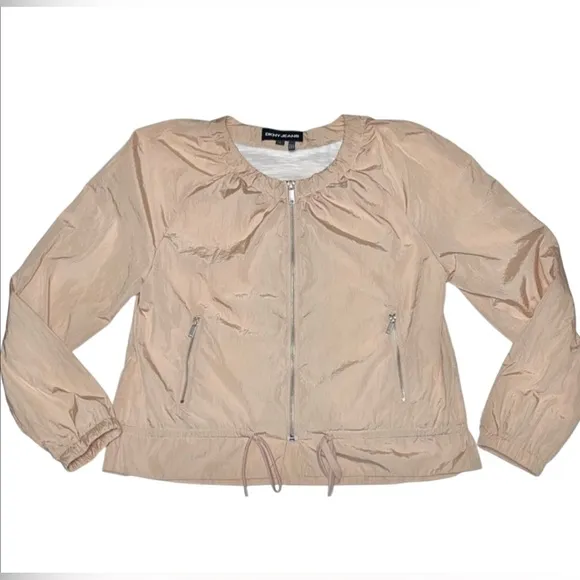 DKNY JEANS BOMBER ZIP-UP JACKET WOMEN ROUND NECK DRAWSTRING PINK COLOR SIZE S
