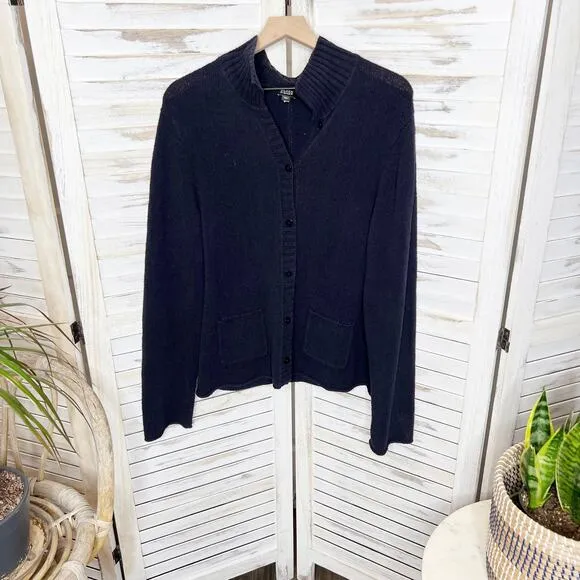 EILEEN FISHER Women's Organic Cotton Grandpa Cardigan Sweater Pockets Navy XL