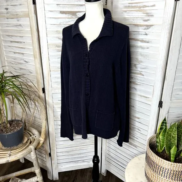 EILEEN FISHER Women's Organic Cotton Grandpa Cardigan Sweater Pockets Navy XL