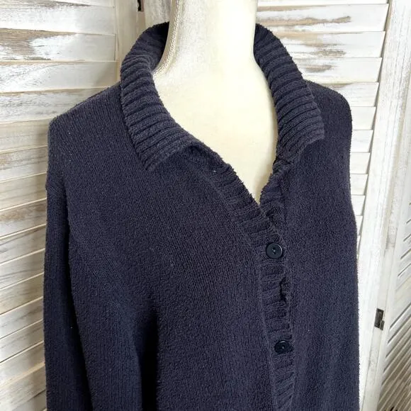 EILEEN FISHER Women's Organic Cotton Grandpa Cardigan Sweater Pockets Navy XL