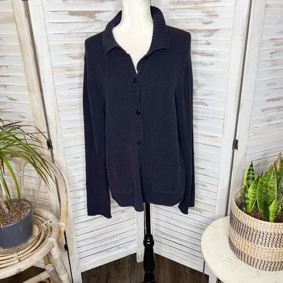 EILEEN FISHER Women's Organic Cotton Grandpa Cardigan Sweater Pockets Navy XL
