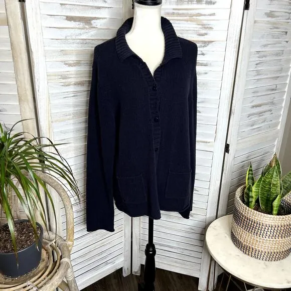 EILEEN FISHER Women's Organic Cotton Grandpa Cardigan Sweater Pockets Navy XL