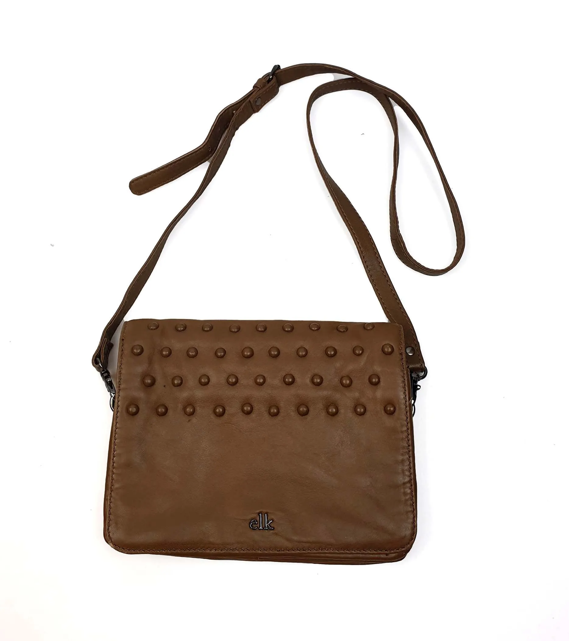 Elk soft brown leather bag with cute bobble detail