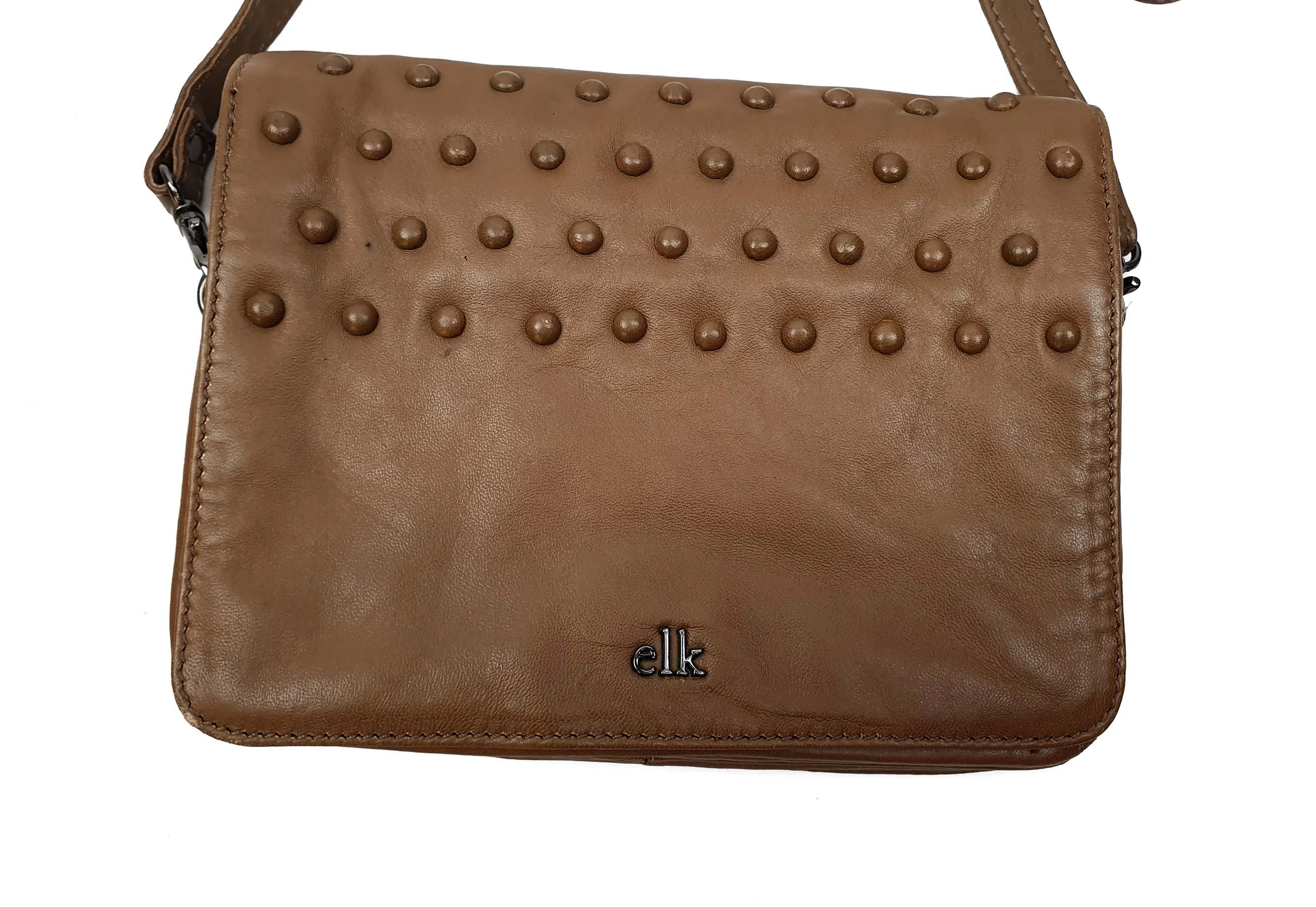 Elk soft brown leather bag with cute bobble detail