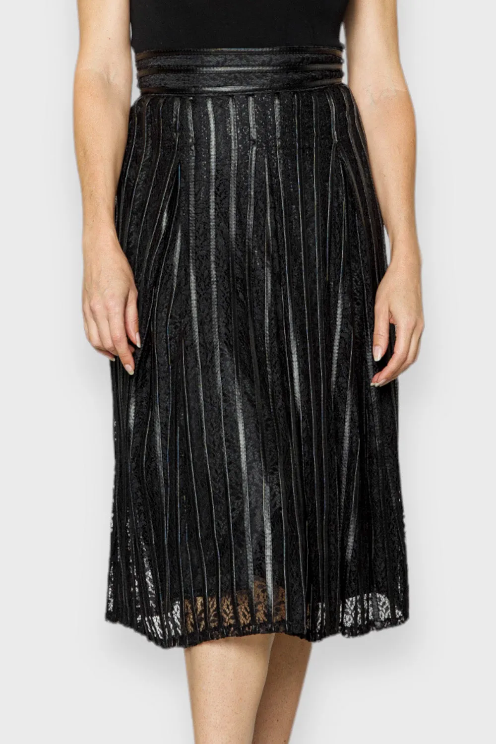 Emilia Black Lace & Leather Pleated Skirt