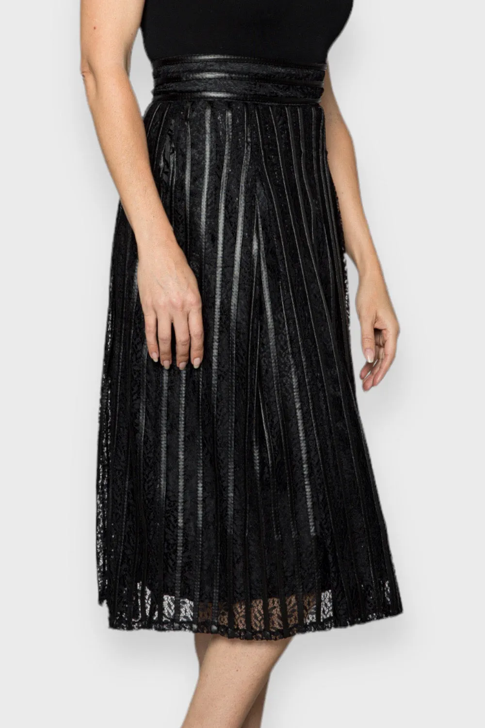Emilia Black Lace & Leather Pleated Skirt