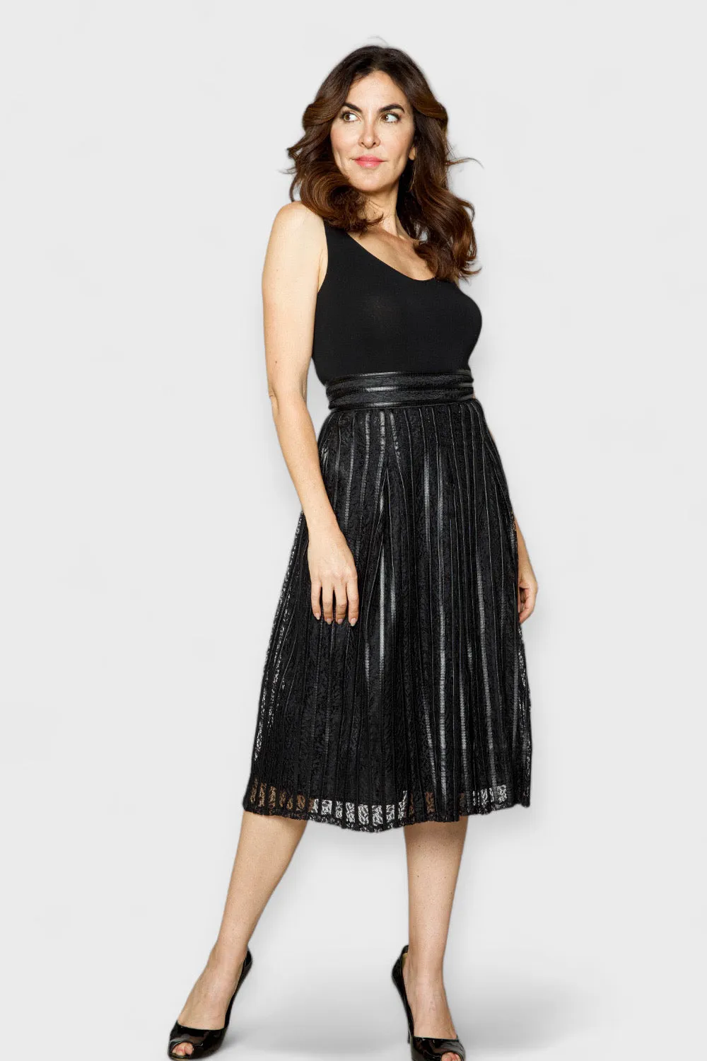 Emilia Black Lace & Leather Pleated Skirt
