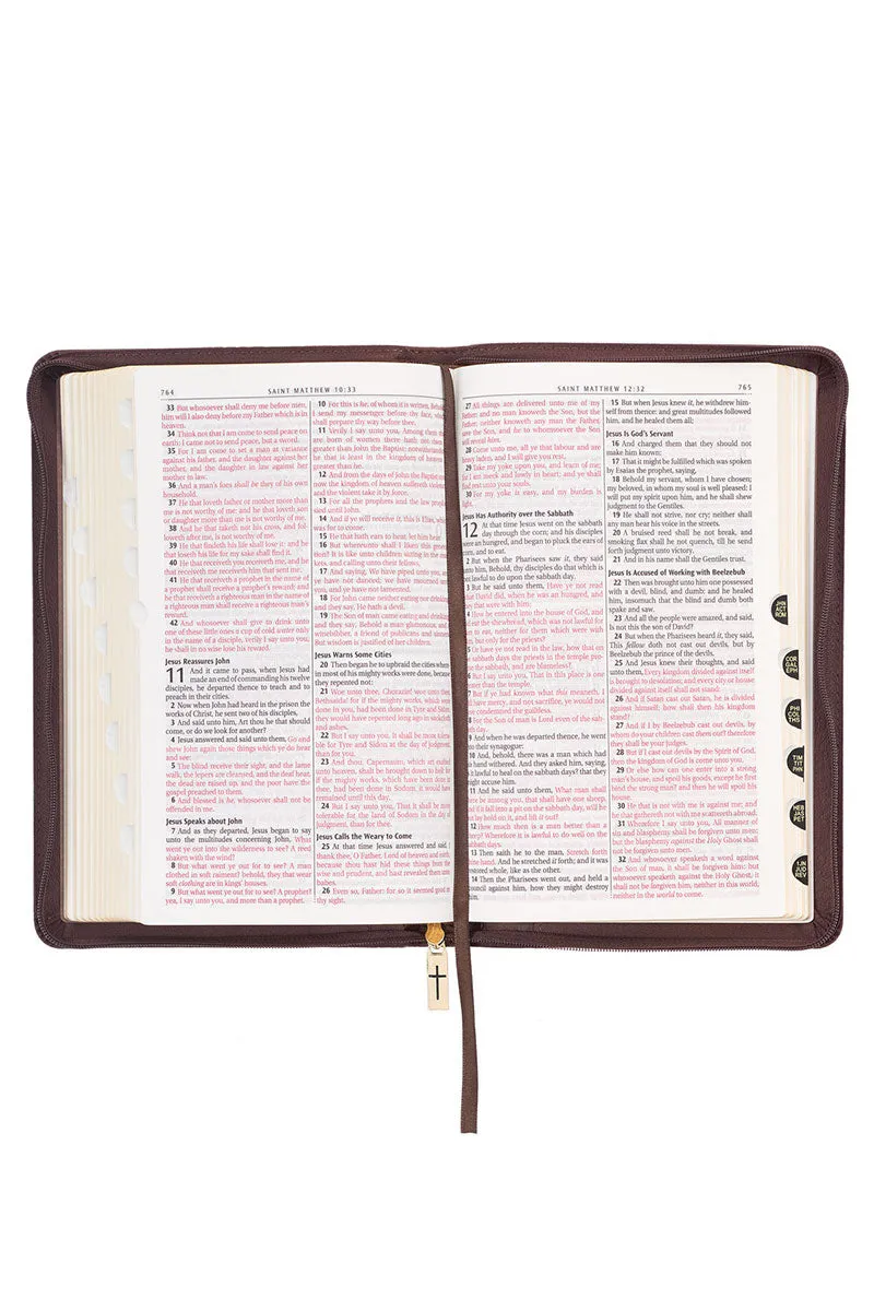 Espresso Lion Faux Leather Zippered KJV Deluxe Gift Bible with Thumb Index