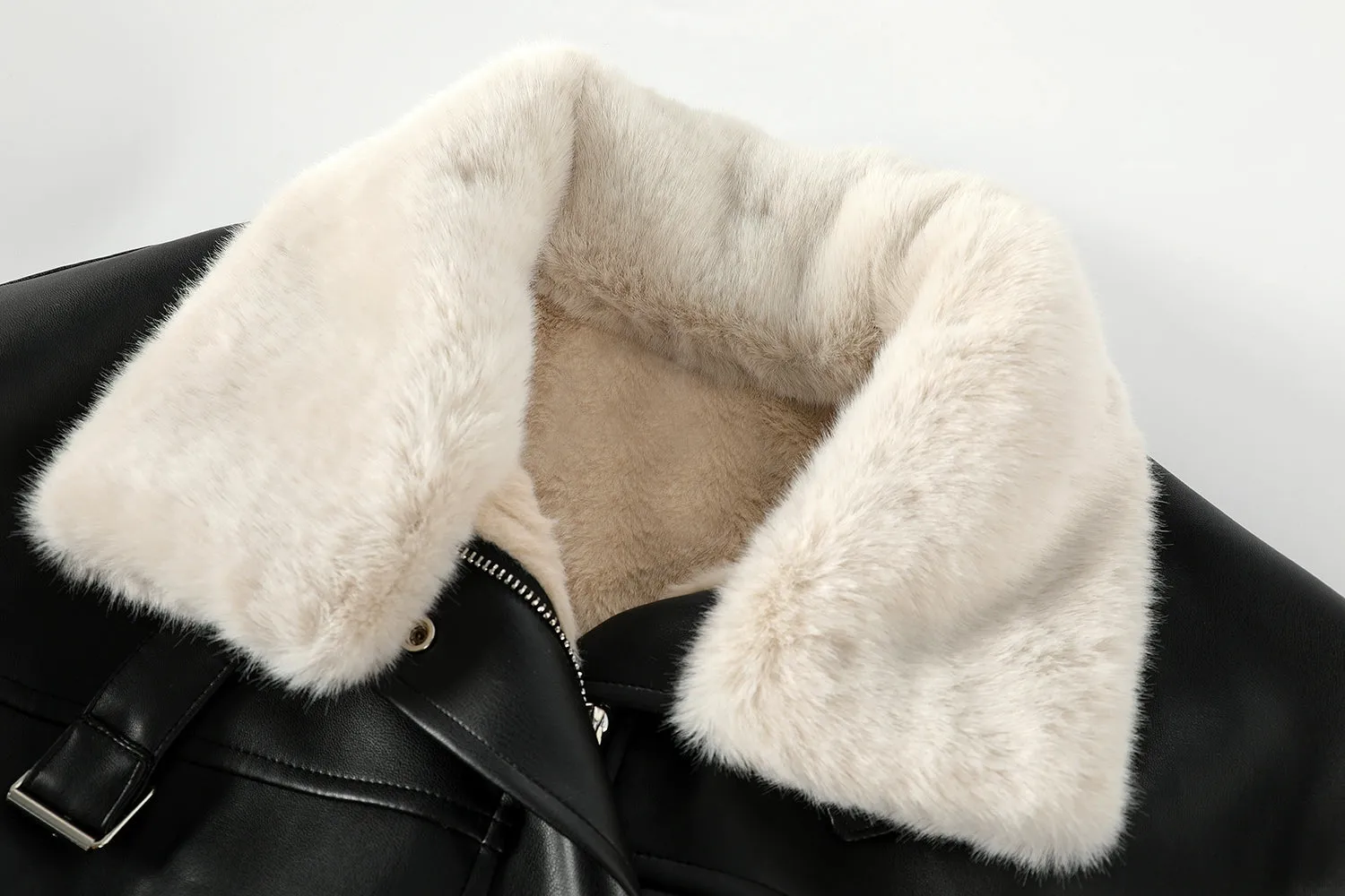 Faux Fur Collar Faux Leather Coat