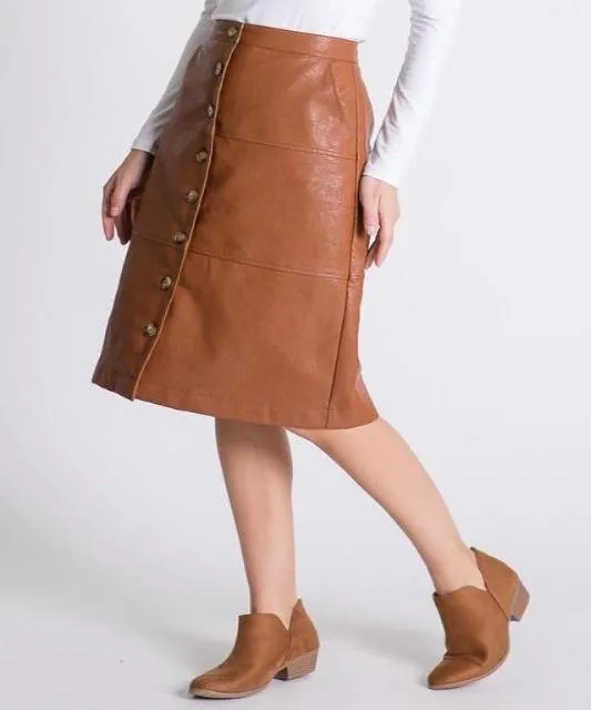 Faux Leather Button Front Midi Skirt
