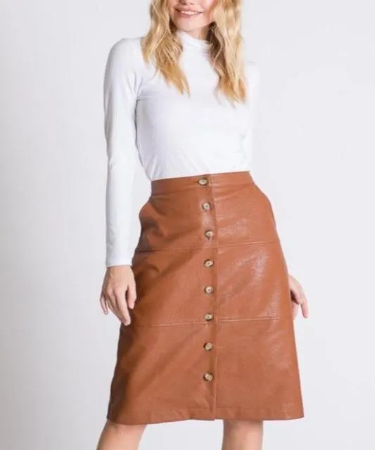 Faux Leather Button Front Midi Skirt