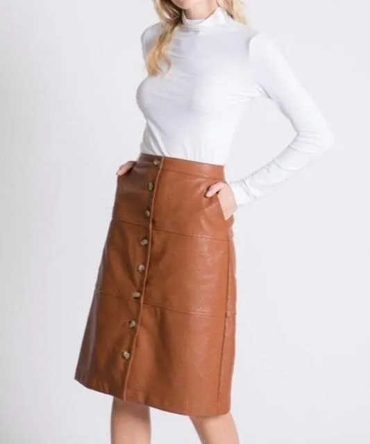 Faux Leather Button Front Midi Skirt