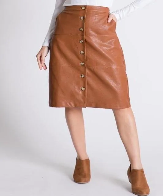 Faux Leather Button Front Midi Skirt