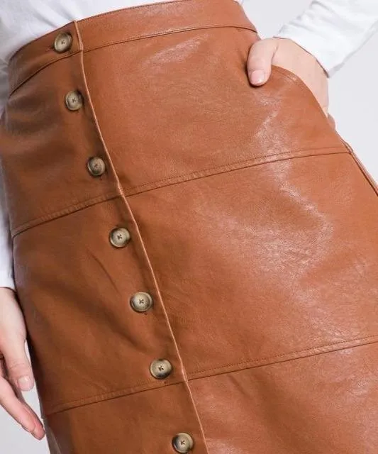 Faux Leather Button Front Midi Skirt