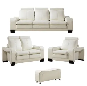 Faux Leather Upholstered Wooden Living Room Sofa and Ottoman, Set of Six , White
