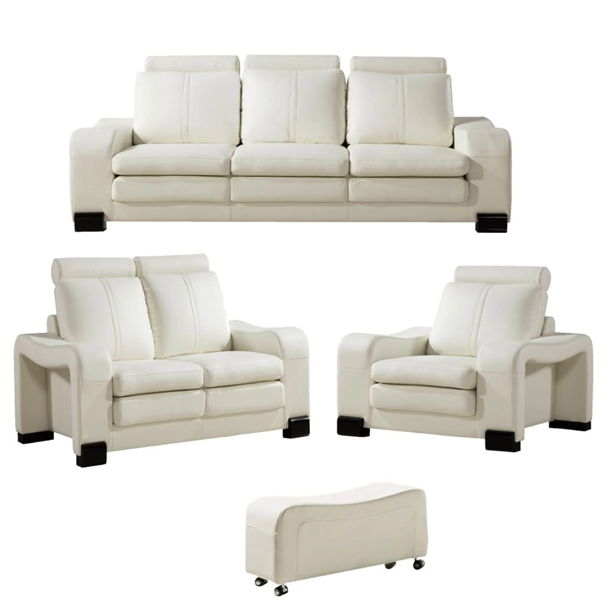 Faux Leather Upholstered Wooden Living Room Sofa and Ottoman, Set of Six , White