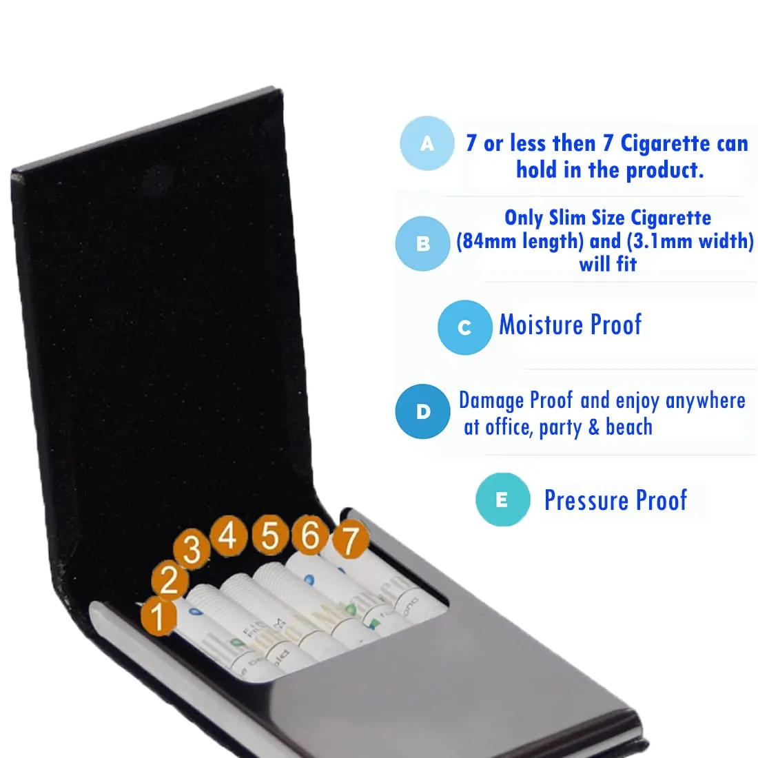 Felstar Metal Cigarette Case Holder for 7 Cigarettes Box Crush Proof Pocket Size - Black