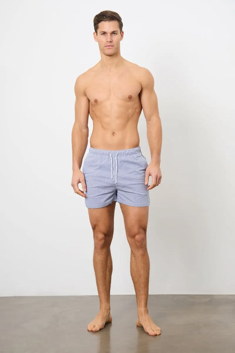 Fine Stripe Swim Short in Navy/White