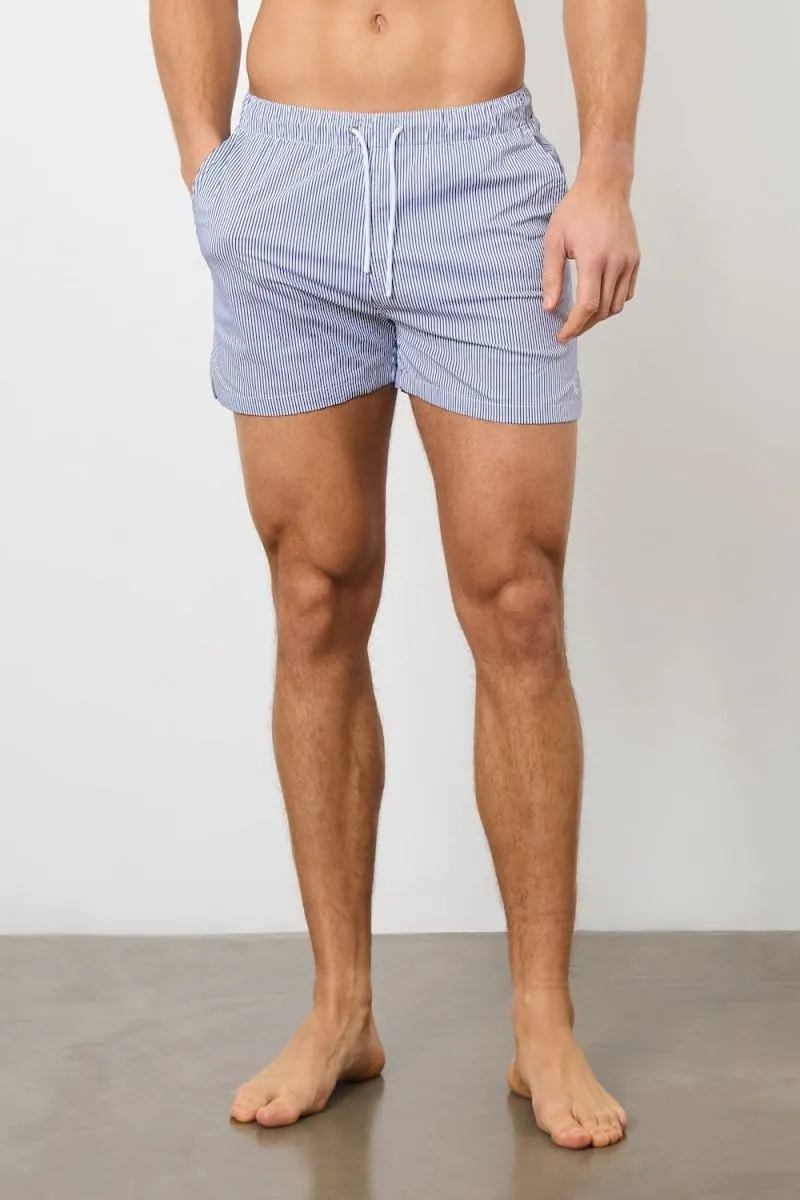 Fine Stripe Swim Short in Navy/White