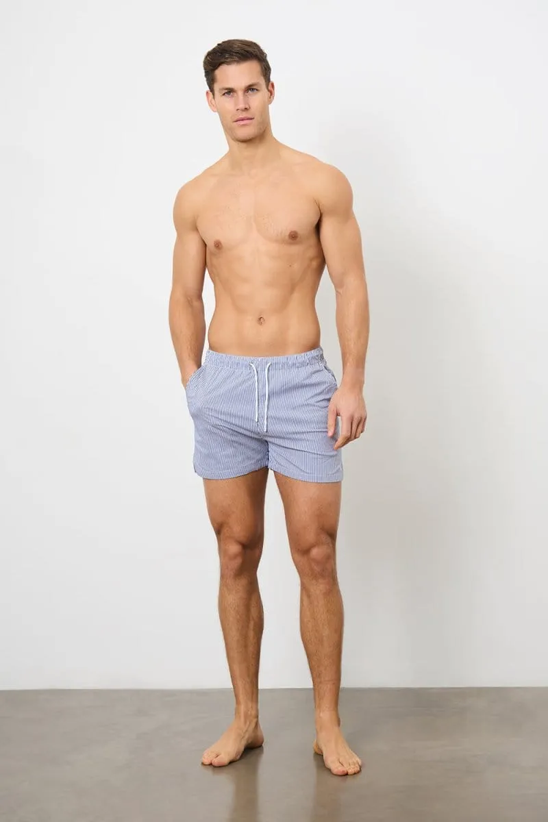 Fine Stripe Swim Short in Navy/White