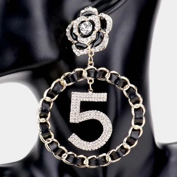 Flower Rhinestone No. 5 Black Faux Leather Earring