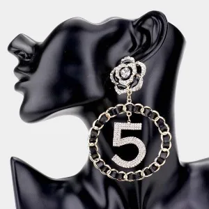 Flower Rhinestone No. 5 Black Faux Leather Earring