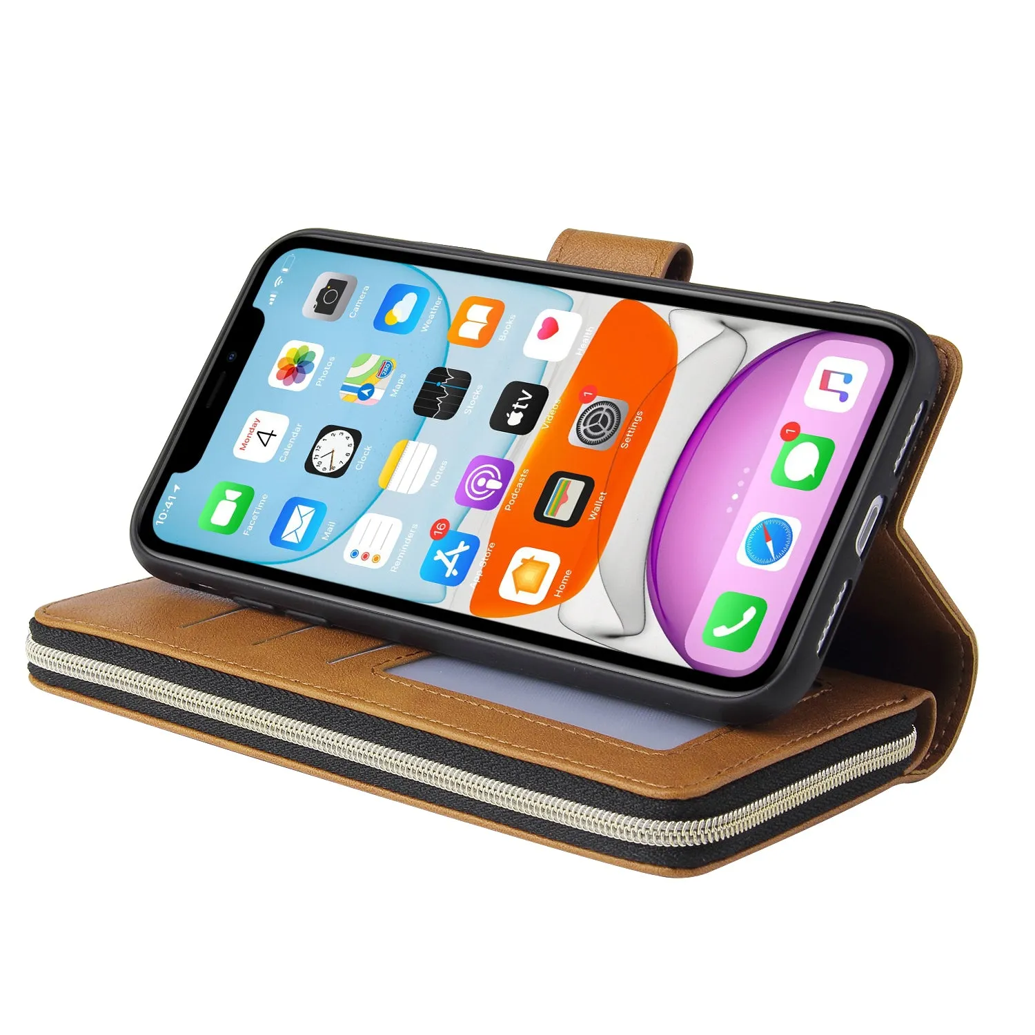 For iphone X/XS/XS MAX/11/11Pro Pu Leather  Mobile Phone Cover Zipper Card Bag   Wrist Strap brown