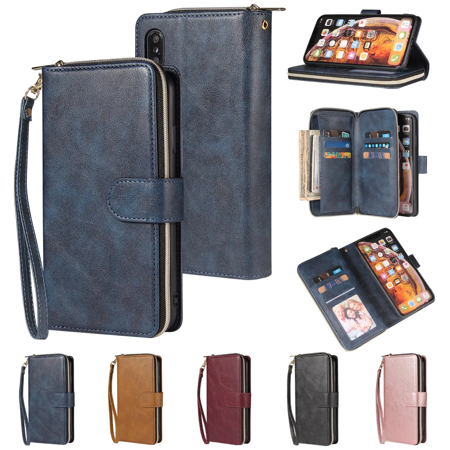 For iphone X/XS/XS MAX/11/11Pro Pu Leather  Mobile Phone Cover Zipper Card Bag   Wrist Strap brown