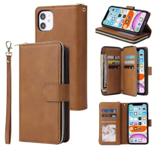 For iphone X/XS/XS MAX/11/11Pro Pu Leather  Mobile Phone Cover Zipper Card Bag   Wrist Strap brown