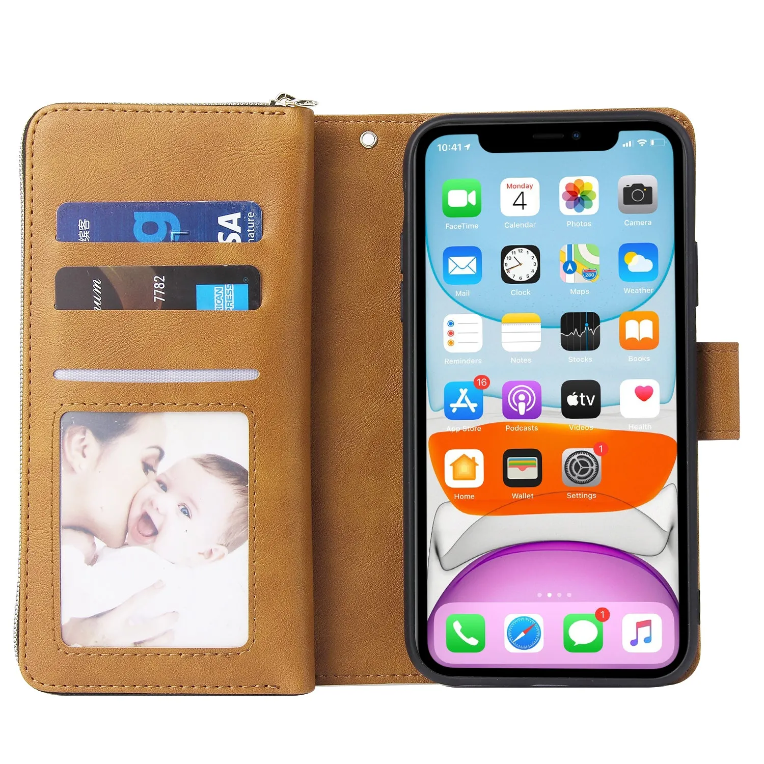 For iphone X/XS/XS MAX/11/11Pro Pu Leather  Mobile Phone Cover Zipper Card Bag   Wrist Strap brown