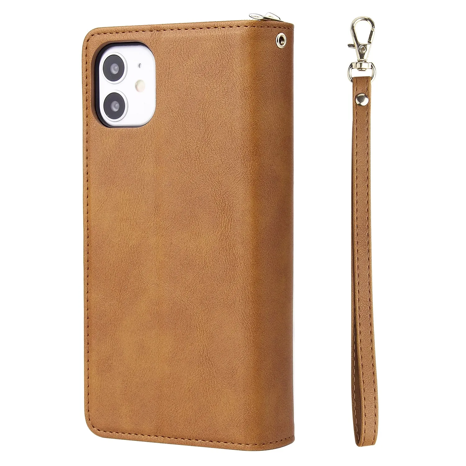 For iphone X/XS/XS MAX/11/11Pro Pu Leather  Mobile Phone Cover Zipper Card Bag   Wrist Strap brown