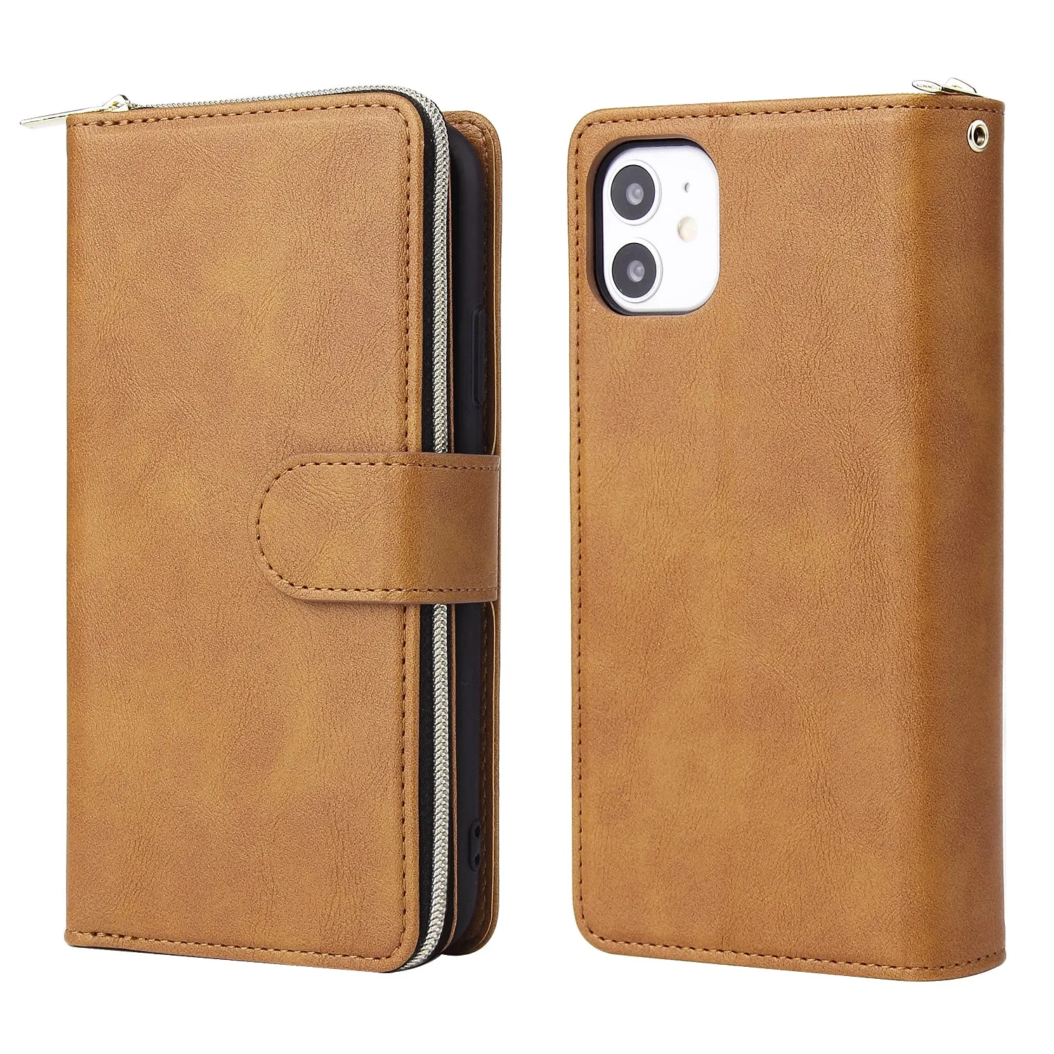 For iphone X/XS/XS MAX/11/11Pro Pu Leather  Mobile Phone Cover Zipper Card Bag   Wrist Strap brown