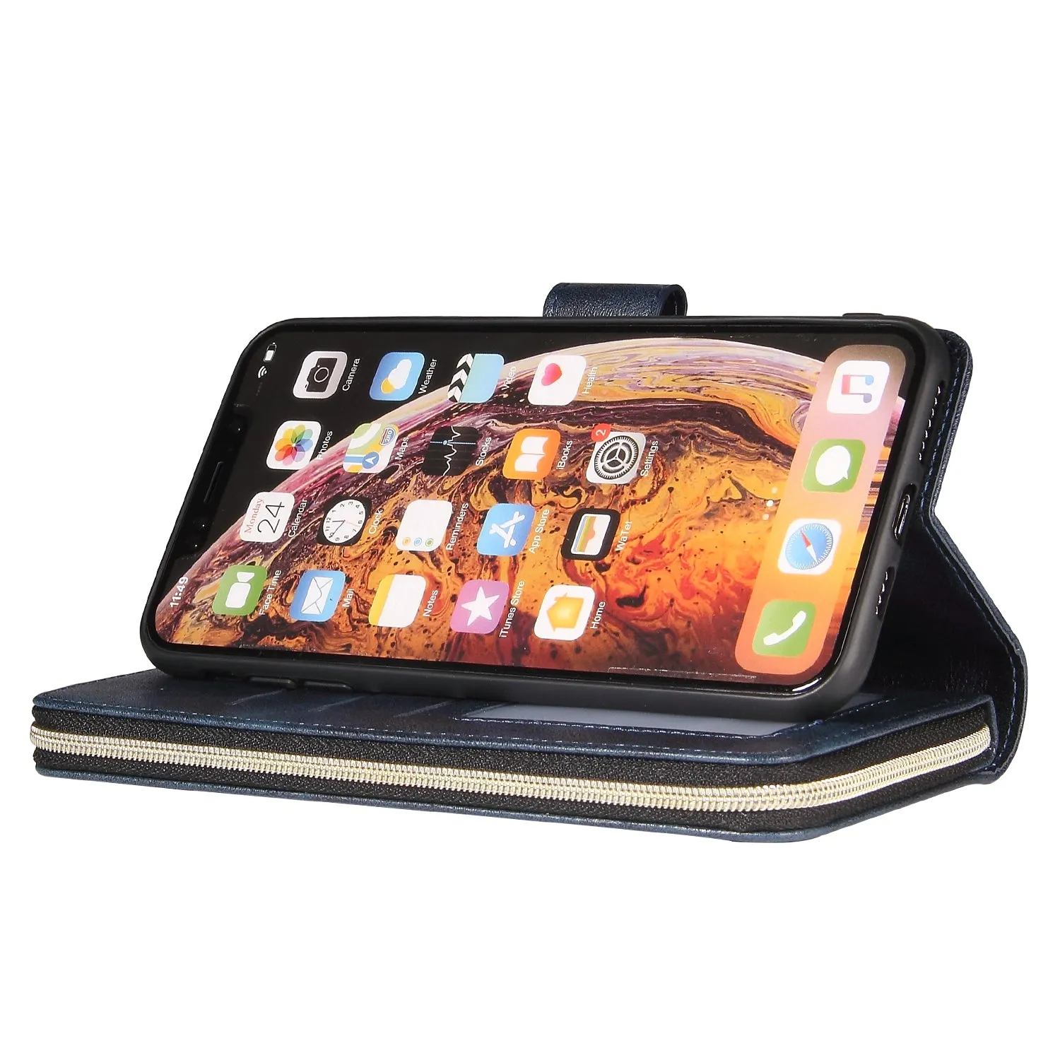 For iphone X/XS/XS MAX/11/11Pro Pu Leather  Mobile Phone Cover Zipper Card Bag   Wrist Strap brown