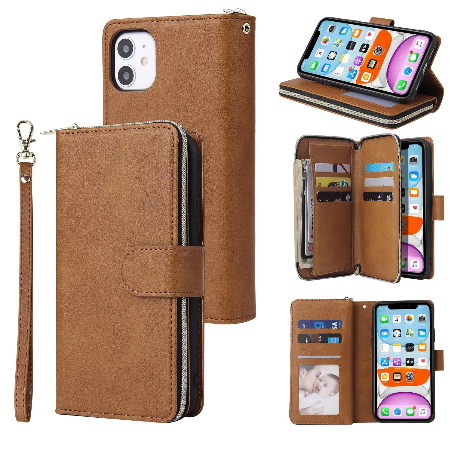 For iphone X/XS/XS MAX/11/11Pro Pu Leather  Mobile Phone Cover Zipper Card Bag   Wrist Strap brown