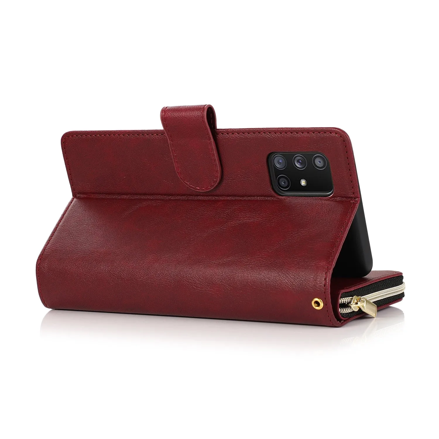 For Samsung A51 5G/A71 5G/Note 10 pro Pu Leather  Mobile Phone Cover Zipper Card Bag   Wrist Strap Red wine