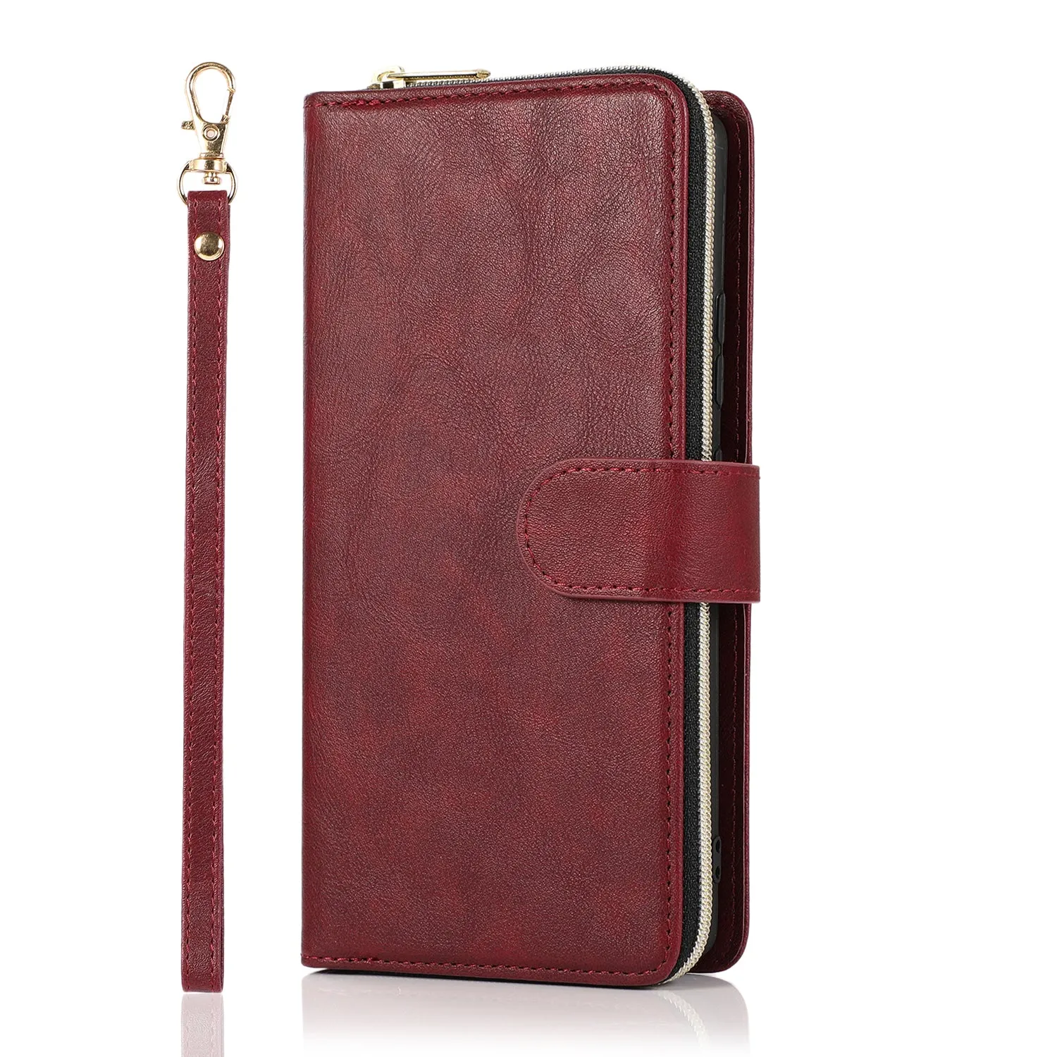 For Samsung A51 5G/A71 5G/Note 10 pro Pu Leather  Mobile Phone Cover Zipper Card Bag   Wrist Strap Red wine