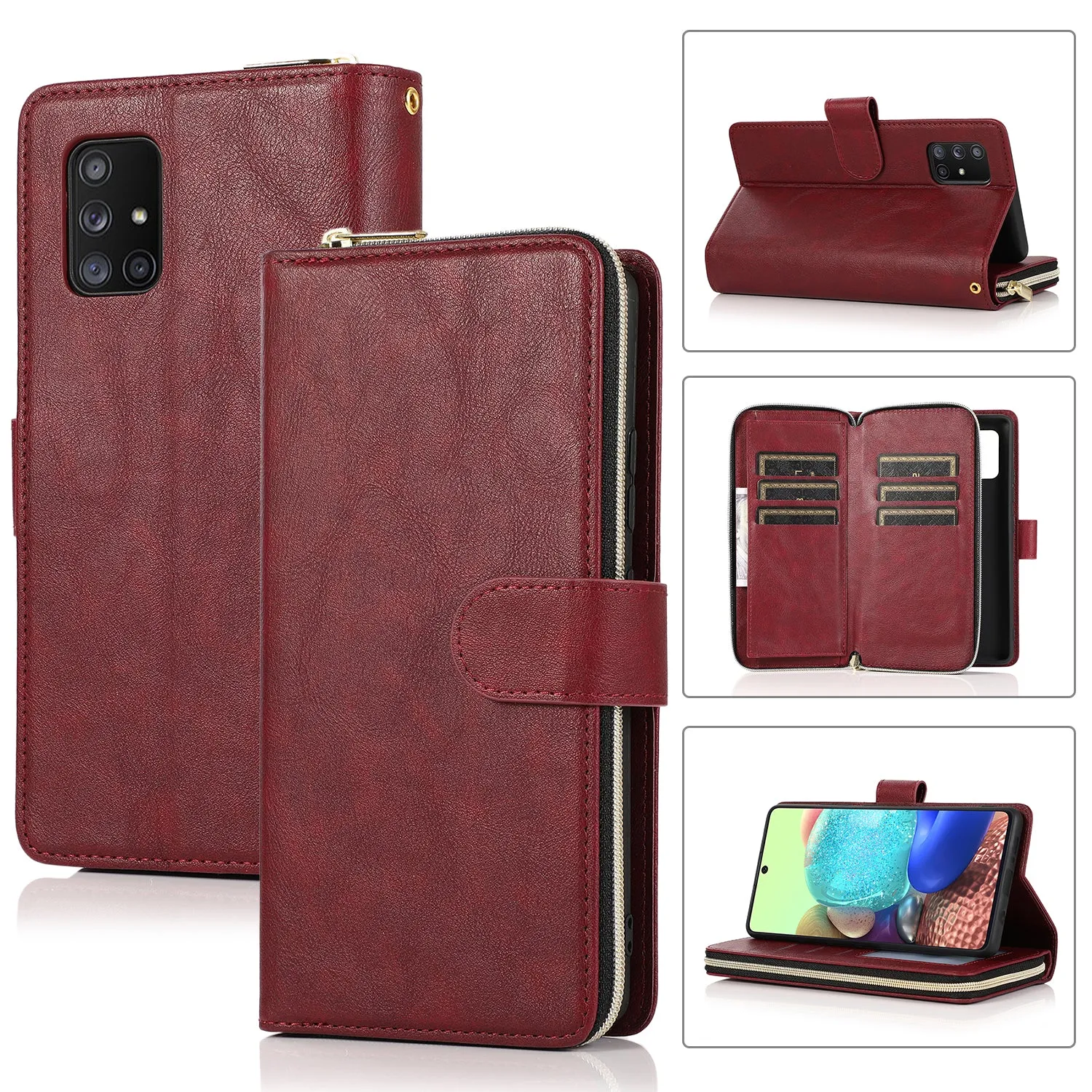 For Samsung A51 5G/A71 5G/Note 10 pro Pu Leather  Mobile Phone Cover Zipper Card Bag   Wrist Strap Red wine