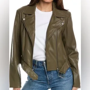 French Connection Women's Asymmetrical Moto With Belt in Summer Olive Size M